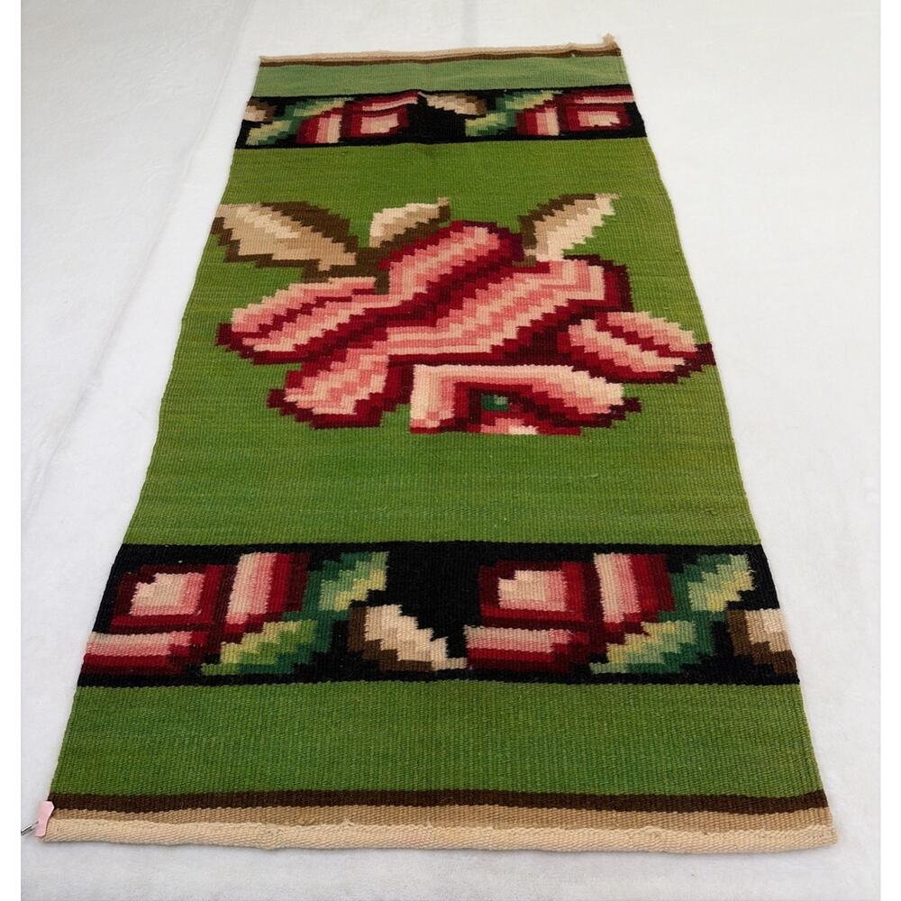 Vintage Woven Wool Red Rose, Green, Black, Tan Rug or Wall Hanging 4' x 2’ - Picture 4 of 8